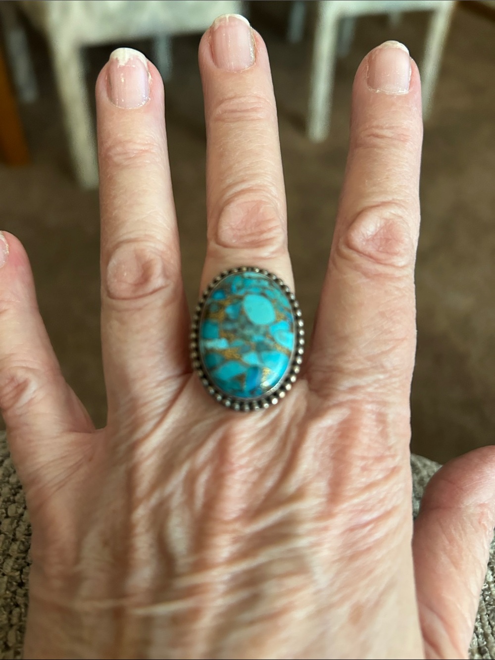 Turquoise Oval Stone Statement Ring - Blue Silver Tone